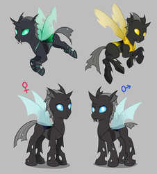 Size: 2869x3176 | Tagged: safe, artist:askbubblelee, oc, oc only, changeling, changeling oc, fangs, flying, gray background, green changeling, group, high res, simple background, yellow changeling