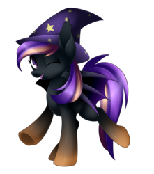 Size: 2638x2983 | Tagged: safe, artist:scarlet-spectrum, oc, oc only, oc:sophie, bat pony, pony, commission, hat, high res, open mouth, simple background, solo, transparent background, wink, wizard hat