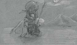 Size: 2100x1252 | Tagged: safe, artist:theandymac, oc, oc only, oc:evening breeze, changeling, armor, breath, changeling oc, cloak, clothes, male, monochrome, moon, night guard, royal guard, solo, spear, traditional art, weapon