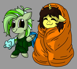 Size: 500x452 | Tagged: safe, artist:foxgirlkira, oc, oc only, oc:fresca, oc:screwpine caprice, :3, blanket, blanket burrito, duo, happy, simple background