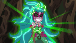 Size: 960x540 | Tagged: safe, screencap, gaea everfree, gloriosa daisy, equestria girls, g4, my little pony equestria girls: legend of everfree, animated, black sclera, female, gif, glowing, grin, head tilt, lightning, magical geodes, slasher smile, smiling, solo, wide eyes