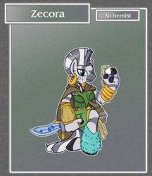 Size: 1688x1950 | Tagged: safe, artist:brownie-bytes, zecora, zebra, anthro, unguligrade anthro, g4, alchemist, crossover, dagger, female, final fantasy, solo, weapon