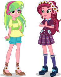 Size: 4739x6000 | Tagged: safe, artist:limedazzle, gloriosa daisy, lemon zest, equestria girls, g4, my little pony equestria girls: legend of everfree, absurd resolution, beautiful, classy, clothes, clothes swap, cute, daisybetes, duo, female, floral head wreath, flower, flower in hair, freckles, green, hands together, headphones, high heels, lesbian, pleated skirt, request, school uniform, shoes, shorts, show accurate, simple background, skirt, socks, transparent background, vector, zestabetes