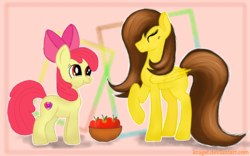 Size: 1920x1200 | Tagged: safe, artist:kraget, apple bloom, oc, oc:golden lily, earth pony, pegasus, pony, g4, abstract background, apple, bowl, cutie mark, duo, eating, eyes closed, female, filly, foal, food, mare, puffy cheeks, the cmc's cutie marks