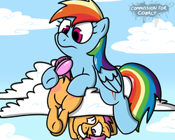 Size: 1000x800 | Tagged: safe, artist:pokefound, rainbow dash, scootaloo, pegasus, pony, g4, abuse, brush, butt, butt touch, cloud, dock, female, filly, foal, hoof on butt, mare, plot, punishment, reddened butt, scootabuse, spanked, spanking, tail