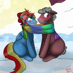 Size: 720x720 | Tagged: safe, artist:deltafairy, oc, oc only, unnamed oc, earth pony, pegasus, pony, clothes, couple, female, finished commission, male, mare, scarf, shared clothing, shared scarf, shipping, sitting, snow, snowfall, stallion, straight, winter