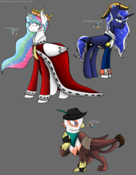 Size: 1280x1644 | Tagged: safe, artist:stuflox, gimme moore, princess celestia, princess luna, griffon, g4, louis xviii, napoleon bonaparte, peppino, reference sheet, the count of monte cristo