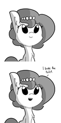Size: 1280x2560 | Tagged: safe, artist:tjpones edits, edit, oc, oc only, oc:brownie bun, horse wife, brownie says, chest fluff, comic, cute, dialogue, grayscale, looking up, monochrome, open mouth, simple background, sitting, smiling, solo, white background