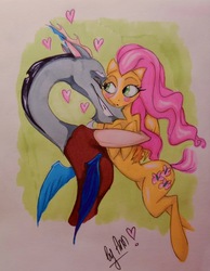 Size: 2395x3088 | Tagged: safe, artist:byannss, discord, fluttershy, g4, heart, high res, hug, male, ship:discoshy, shipping, straight, traditional art