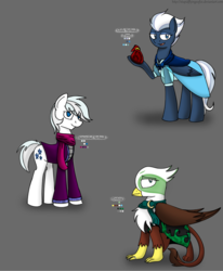 Size: 1280x1552 | Tagged: safe, artist:stuflox, double diamond, greta, night glider, griffon, the count of monte rainbow, g4, clothes, crossover, dress, emmanuel herbault, julie morrel, reference sheet, tereza, the count of monte cristo