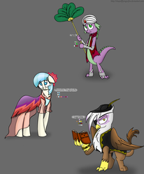 Size: 1280x1551 | Tagged: safe, artist:stuflox, coco pommel, gilda, spike, griffon, the count of monte rainbow, g4, ali, book, clothes, crossover, dress, eyepatch, hermine danglars, luigi vampa, reference sheet, the count of monte cristo, turban