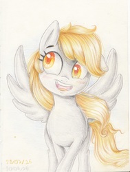 Size: 1711x2264 | Tagged: safe, artist:pumpkinkikile, derpy hooves, pegasus, pony, g4, cute, female, happy, mare, solo, traditional art