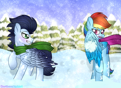 Size: 1024x740 | Tagged: safe, artist:northlights8, rainbow dash, soarin', pony, g4, colored wings, colored wingtips, male, ship:soarindash, shipping, snow, snowball, snowball fight, straight