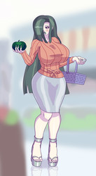 Size: 735x1340 | Tagged: safe, artist:annon, marble pie, human, g4, basket, big breasts, bimbo, blushing, breasts, busty marble pie, eyeshadow, female, grocery store, hair over one eye, high heels, huge breasts, humanized, lipstick, makeup, marble bimbo, solo