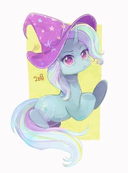 Size: 588x795 | Tagged: safe, artist:sibashen, trixie, pony, unicorn, g4, abstract background, colored pupils, cute, diatrixes, female, solo, starry eyes, trixie's hat, wingding eyes