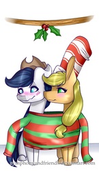 Size: 613x1057 | Tagged: safe, artist:symphstudio, applejack, oc, oc:constance everheart, g4, blushing, canon x oc, clothes, floppy ears, holly, holly mistaken for mistletoe, kissing, shared clothing, ship:everjack, shipping, simple background, sitting, white background