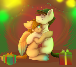 Size: 2489x2200 | Tagged: dead source, safe, artist:freckleplant, oc, oc only, pony, duo, high res, hug, male, oc x oc, shipping, straight