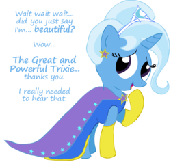 Size: 1175x1114 | Tagged: safe, artist:newportmuse, part of a set, trixie, pony, unicorn, g4, alternate hairstyle, cape, clothes, crown, cute, dialogue, diatrixes, dress, everypony is beautiful, female, happy, heartwarming, jewelry, looking at you, open mouth, part of a series, raised hoof, regalia, simple background, smiling, solo, transparent background