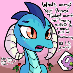 Size: 1815x1815 | Tagged: safe, artist:tjpones, princess ember, spike, dragon, g4, blushing, bust, cute, dialogue, dragoness, emberbetes, fangs, female, holly, holly mistaken for mistletoe, innocent, male, oblivious, offscreen character, open mouth, portrait, ship:emberspike, shipping, straight, sweat, wide eyes