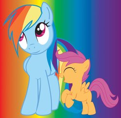 Size: 1024x999 | Tagged: safe, artist:dr-whiskey, rainbow dash, scootaloo, g4, cute, cutealoo, eyes closed, happy, rearing, scootalove