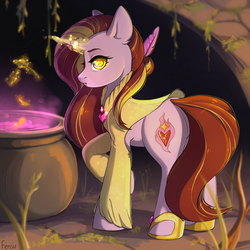 Size: 2000x2000 | Tagged: safe, artist:fensu-san, oc, oc only, pony, unicorn, cauldron, commission, feather, heart, high res, looking at you, magic, red hair, red mane, solo, witch, witchcraft