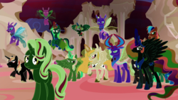 Size: 1920x1080 | Tagged: safe, edit, edited screencap, editor:watermelon changeling, screencap, applejack, pinkie pie, princess cadance, princess celestia, princess flurry heart, princess luna, rainbow dash, rarity, shining armor, starlight glimmer, thorax, twilight sparkle, alicorn, changedling, changeling, earth pony, pegasus, pony, unicorn, g4, to where and back again, alicorn pentarchy, baby, baby pony, horn, horses doing horse things, inverted colors, king thorax, tricorn, twilight sparkle (alicorn), victory