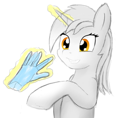 Size: 1200x1158 | Tagged: safe, artist:laserbiskit, lyra heartstrings, g4, bust, female, gloves, hand, levitation, magic, simple background, sketch, smiling, solo, telekinesis, that pony sure does love hands, white background