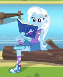 Size: 356x436 | Tagged: safe, screencap, trixie, equestria girls, g4, my little pony equestria girls: legend of everfree, book, clothes, converse, cropped, cute, diatrixes, female, reading, shoes, sitting, smiling, sneakers, solo, water