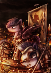 Size: 1261x1800 | Tagged: safe, artist:anticular, oc, oc only, oc:princess stella, griffon, pegasus, pony, battle standard, battlefield, fire, royal guard, standard