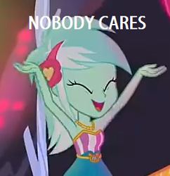 Size: 256x265 | Tagged: safe, edit, edited screencap, screencap, lyra heartstrings, equestria girls, g4, my little pony equestria girls: legend of everfree, cropped, crystal gala, female, image macro, meme, nobody cares, solo