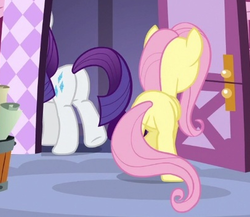 Size: 406x352 | Tagged: safe, screencap, fluttershy, rarity, pony, flutter brutter, g4, butt, cropped, female, mare, plot