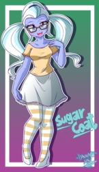 Size: 2030x3500 | Tagged: safe, artist:danmakuman, sugarcoat, human, equestria girls, g4, my little pony equestria girls: friendship games, alternate clothes, clothes, commission, cute, female, glasses, high heels, high res, looking at you, pantyhose, pigtails, shoes, skirt, skirt pull, smiling, solo, striped pantyhose, sugarcute, twintails
