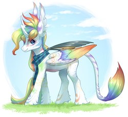 Size: 1181x1080 | Tagged: safe, artist:aphphphphp, oc, oc only, alicorn, classical unicorn, pony, alicorn oc, clothes, colored wings, horn, leonine tail, multicolored wings, rainbow wings, scarf, simple background, solo