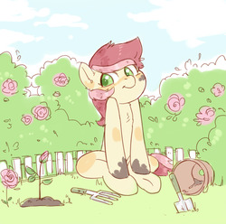 Size: 1280x1271 | Tagged: safe, artist:aphphphphp, roseluck, earth pony, pony, g4, female, fence, flower, flower pot, hedge, rose, solo