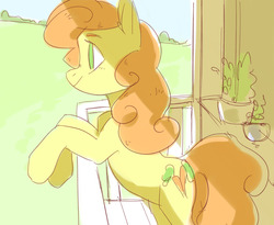 Size: 1280x1052 | Tagged: safe, artist:aphphphphp, carrot top, golden harvest, earth pony, pony, g4, balcony, bipedal, bipedal leaning, female, leaning, mare, plant, smiling, solo