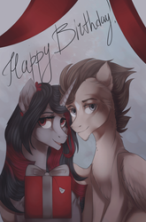 Size: 2193x3327 | Tagged: safe, artist:orfartina, oc, oc only, pegasus, pony, unicorn, high res, hug, present, winghug