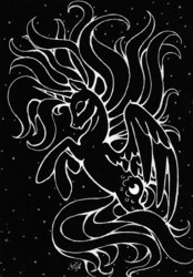Size: 2408x3464 | Tagged: safe, artist:spacesheep-art, princess luna, alicorn, pony, g4, black and white, eyes closed, female, grayscale, high res, monochrome, night, profile, rearing, solo, spread wings, stars, traditional art
