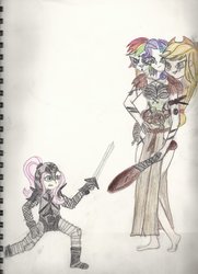 Size: 2480x3424 | Tagged: safe, artist:kaori-sonata, applejack, fluttershy, rainbow dash, rarity, equestria girls, g4, conjoined, fantasy class, fusion, giantess, high res, knight, macro, multiple heads, sword, three heads, warrior, weapon