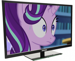 Size: 1268x1024 | Tagged: safe, edit, screencap, starlight glimmer, g4, season 6, the crystalling, female, frown, image macro, meme, nervous, ptsd, ptsd glimmer, simple background, solo, starlight tv, sweat, television, wat, white background, wide eyes