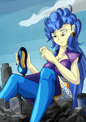 Size: 1307x1859 | Tagged: safe, artist:colonel-gabbo, sapphire shores, equestria girls, g4, breasts, city, clothes, destruction, equestria girls-ified, female, giantess, macro, pants, solo