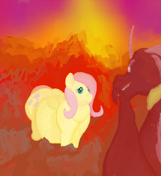 Size: 1832x2000 | Tagged: safe, artist:lupin quill, basil, fluttershy, dragon, pegasus, pony, g4, belly, big belly, fat, fattershy, female, fire, male, mare, obese, volcano