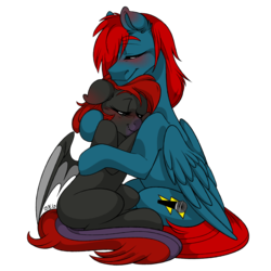 Size: 1600x1600 | Tagged: safe, artist:dragonfoxgirl, oc, oc only, oc:thunderblur, pony, duo, hug, male, oc x oc, red and black oc, shipping, simple background, straight, transparent background