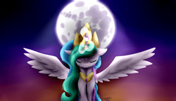 Size: 2700x1560 | Tagged: safe, artist:sketchthebluepegasus, princess celestia, pony, g4, crying, eyes closed, female, floppy ears, full moon, mare in the moon, moon, solo, spread wings