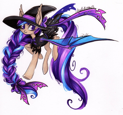 Size: 2316x2165 | Tagged: safe, artist:divinekitten, oc, oc only, oc:sombre sonata, bat pony, pony, high res, solo, traditional art, witch