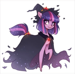 Size: 1079x1065 | Tagged: dead source, safe, artist:liliumena, twilight sparkle, g4, alternate hairstyle, cloak, clothes, cute, female, grin, hat, heart eyes, jewelry, looking at you, missing horn, pendant, raised hoof, simple background, smiling, solo, tail wrap, twiabetes, white background, wingding eyes, witch hat