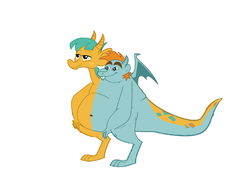 Size: 2241x1641 | Tagged: source needed, useless source url, safe, artist:theunknowenone1, snails, snips, dragon, g4, belly, big belly, conjoined, devon and cornwall, dragonified, fat, quest for camelot, species swap, two heads, two-headed dragon, what has magic done, what has science done