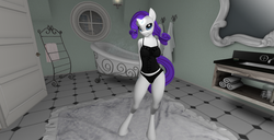 Size: 1920x986 | Tagged: safe, artist:bangayo, rarity, anthro, unguligrade anthro, 3d, baby doll underwear, bathroom, black underwear, clothes, female, lingerie, panties, second life, sexy, solo, tanktop, underwear