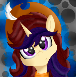 Size: 1300x1310 | Tagged: safe, artist:dairosa, artist:laliiyeaah, oc, oc only, oc:sherrine, :o, abstract background, bust, cowboy hat, cute, feather, hat, head tilt, looking at you, neckerchief, open mouth, portrait, solo, stetson, trace