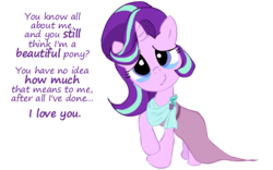 Size: 1530x957 | Tagged: safe, artist:newportmuse, part of a set, starlight glimmer, pony, unicorn, g4, beautiful, bronybait, clothes, crying, cute, dialogue, dress, everypony is beautiful, female, glimmerbetes, looking at you, mare, part of a series, raised hoof, simple background, smiling, solo, tears of joy, teary eyes, text, transparent background, wavy mouth