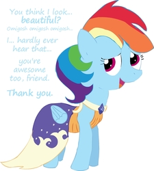 Size: 767x852 | Tagged: safe, artist:newportmuse, part of a set, rainbow dash, g4, beautiful, clothes, cute, dashabetes, dialogue, dress, embarrassed, everypony is beautiful, female, folded wings, gala dress, looking at you, part of a series, rainbow dash always dresses in style, simple background, solo, white background